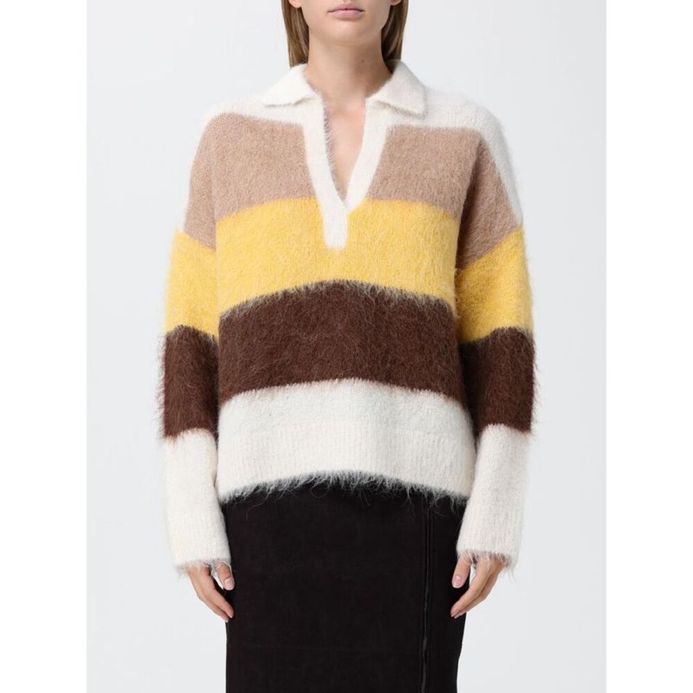 Pinko Women Pinko Striped Wool-Blend Knit Polo With Long Sleeves And V-Neck